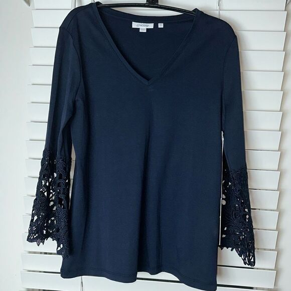 Chico’s SZ 0 Navy Blue Lace Appliqué Top - Picture 7 of 13